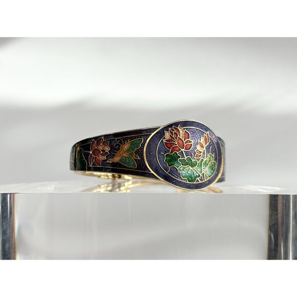 Cloisonne Enamel Floral Gold Toned Chunky Vintage Hinged Bracelet | Bangle - Picture 3 of 16